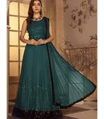 dark-teal georgette unstitched sequins top and bottom with dupatta
