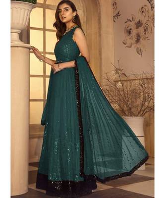 dark-teal georgette unstitched sequins top and bottom with dupatta 2