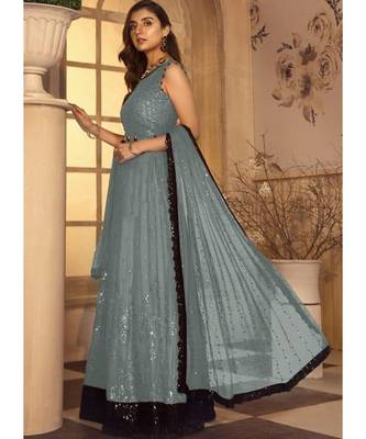 grey georgette unstitched sequins top and bottom with dupatta 2