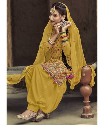yellow georgette unstitched sequins top and bottom with dupatta 2