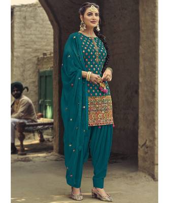 teal georgette unstitched sequins top and bottom with dupatta 1