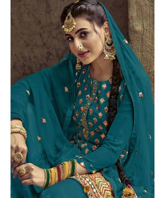 teal georgette unstitched sequins top and bottom with dupatta 2