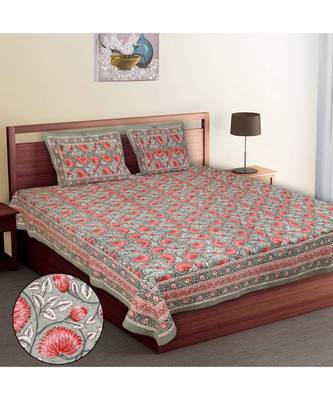 Multicolour Cotton Printed Jaipuri King Size Double Bed Sheets With Pillow Cover 1