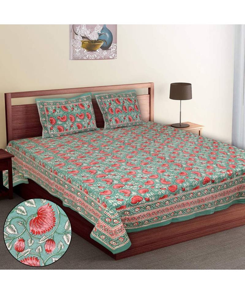 Multicolour Cotton Printed Jaipuri King Size Double Bed Sheets With Pillow Cover
