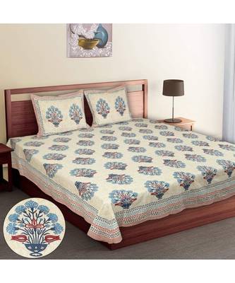 Multicolour Cotton Printed Jaipuri King Size Double Bed Sheets With Pillow Cover 1