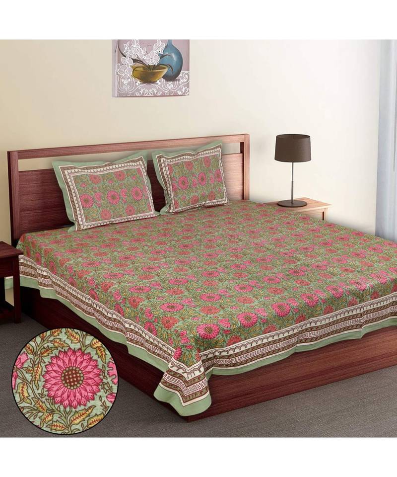 Multicolour Cotton Printed Jaipuri King Size Double Bed Sheets With Pillow Cover