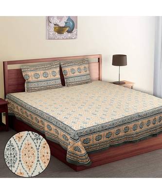Multicolour Cotton Printed Jaipuri King Size Double Bed Sheets With Pillow Cover 1