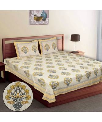 Multicolour Cotton Printed Jaipuri King Size Double Bed Sheets With Pillow Cover 1