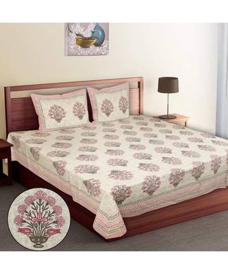 Multicolour Cotton Printed Jaipuri King Size Double Bed Sheets With Pillow Cover 1