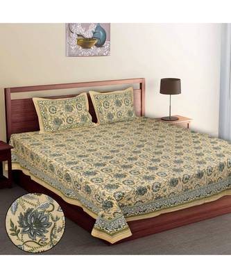 Multicolour Cotton Printed Jaipuri King Size Double Bed Sheets With Pillow Cover 1