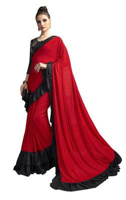 Red plain lycra saree with blouse 1