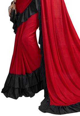 Red plain lycra saree with blouse 2