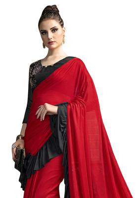 Red plain lycra saree with blouse 3