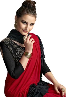 Red plain lycra saree with blouse 4
