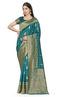 Turquoise Woven  Art Silk Saree With Blouse