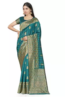 Turquoise Woven  Art Silk Saree With Blouse