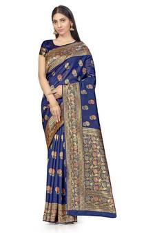 Navy Blue Woven  Art Silk Saree With Blouse