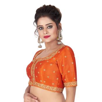 Orange Mulberry silk Embroidered Readymade Saree Blouse 3