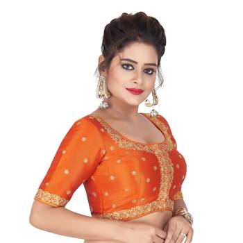 Orange Mulberry silk Embroidered Readymade Saree Blouse 4