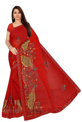 Red peacock embroidered brasso saree with blouse piece 1
