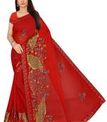 Red peacock embroidered brasso saree with blouse piece