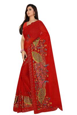 Red peacock embroidered brasso saree with blouse piece 2
