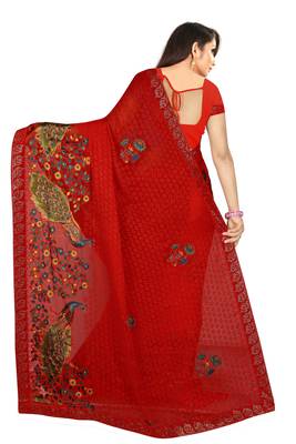 Red peacock embroidered brasso saree with blouse piece 3