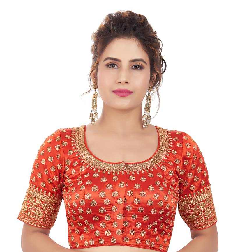 Orange Satin Silk Embroidered Readymade Saree Blouse Om Clothing