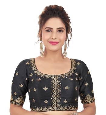 Black Mulberry Silk Embroidered Readymade Saree Blouse 1