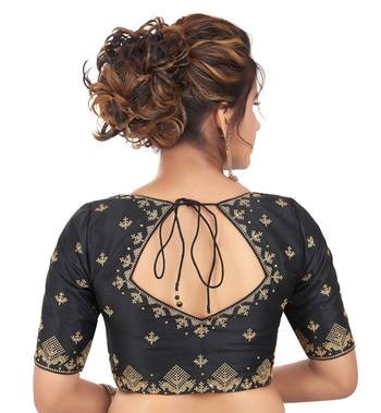 Black Mulberry Silk Embroidered Readymade Saree Blouse 2