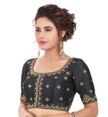 Black Mulberry Silk Embroidered Readymade Saree Blouse 3