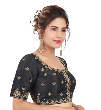 Black Mulberry Silk Embroidered Readymade Saree Blouse 4