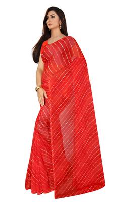 Red Leheriya chiffon designer saree with blouse 1