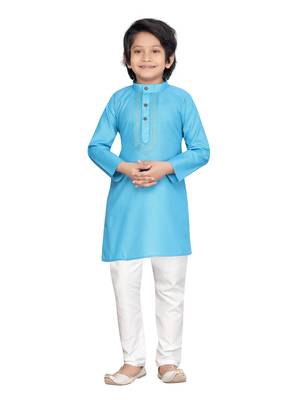 Turquoise embroidered cotton boys-kurta-pyjama 1