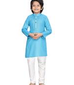 Turquoise embroidered cotton boys-kurta-pyjama