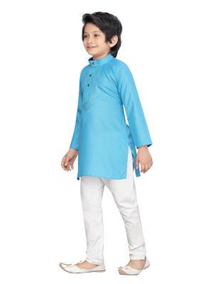 Turquoise embroidered cotton boys-kurta-pyjama 3