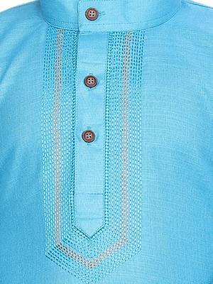 Turquoise embroidered cotton boys-kurta-pyjama 5