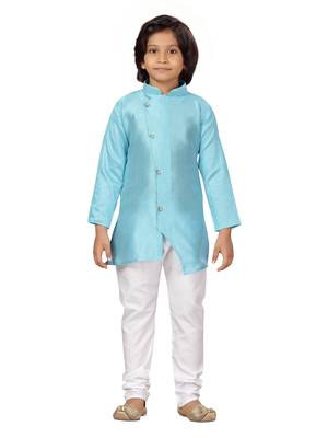 Turquoise plain silk boys-kurta-pyjama 1