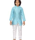 Turquoise plain silk boys-kurta-pyjama