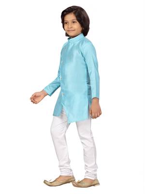 Turquoise plain silk boys-kurta-pyjama 3