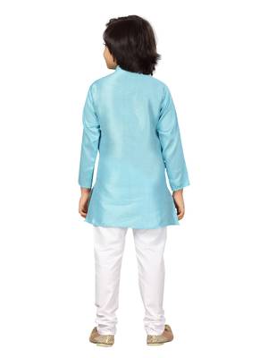 Turquoise plain silk boys-kurta-pyjama 4