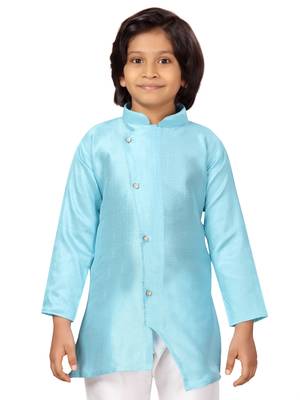 Turquoise plain silk boys-kurta-pyjama 5