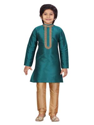 Green plain silk boys-kurta-pyjama 1