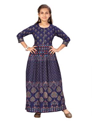 Blue plain cotton kids-girl-gowns 1