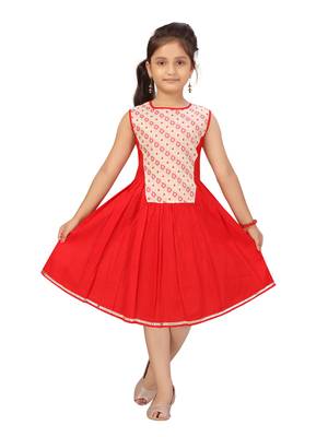 Red plain cotton kids-frocks 1