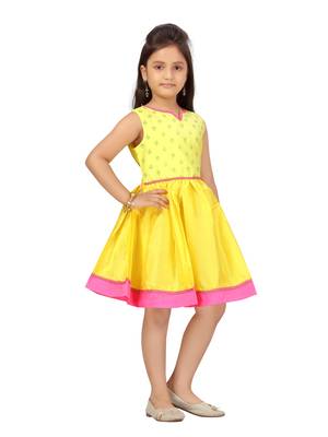 Yellow plain silk kids-frocks 2