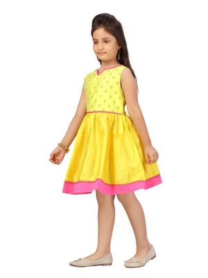 Yellow plain silk kids-frocks 3