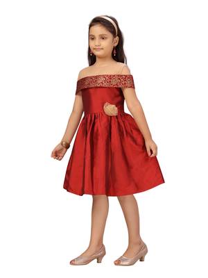 Maroon plain silk kids-frocks 3