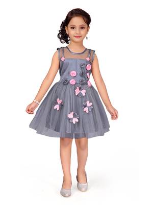Grey plain net kids-frocks 1