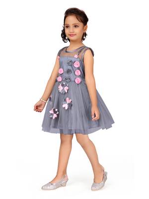 Grey plain net kids-frocks 2